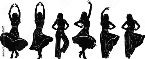 Dance silhouettes vector illustration, performers, artistic movement, rhythm, expressive poses, flowing skirts, dynamic stances, fashion, creativity, stage, performance, art