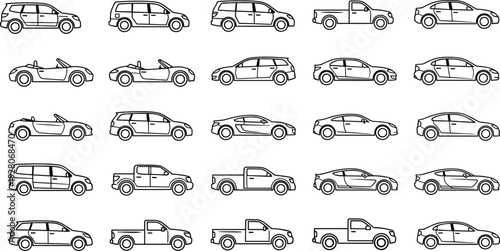 Set of various car silhouettes, vector vehicle icons collection including sedan, SUV, pickup truck, convertible, hatchback, wagon line art
