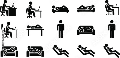 Stick figure sitting and lying down positions icon set, human posture silhouette collection isolated on white background vector illustration