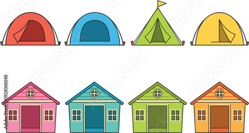 Colorful camping tents and suburban houses flat vector icon set isolated on neutral background for travel real estate concepts