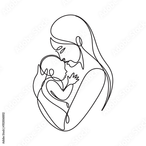 A minimalist line drawing depicts a mother tenderly cradling and embracing her newborn baby high quality