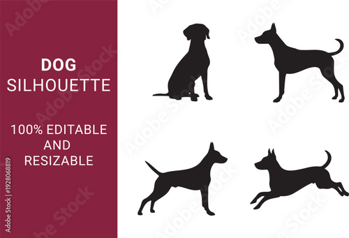  Dog Silhouette set with Various Breeds and Poses while they are Jumping, Running, and Sitting can be use able for Pet Branding and Logos 100% editable
