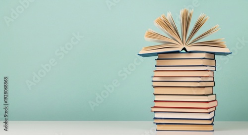 Open book on top of a tall stack of colorful books with copy space