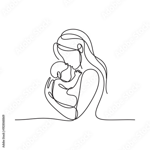 A continuous line drawing depicts a mother tenderly cradling and embracing her newborn baby high quality