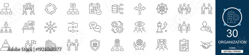 Organization line icon set with 30 icons  organization, business, hierarchy, management, team, structure, leadership, corporate. Clean linear vector, editable stroke for office web projects.