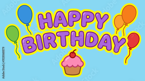 Happy birthday celebration with balloons and cupcake in a vibrant scene.