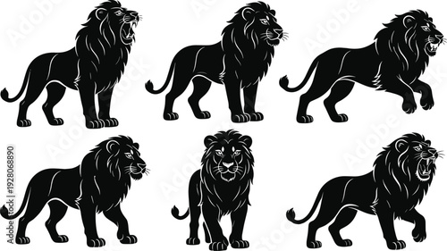 Lion silhouette collection in different poses isolated on white background, majestic wild animal illustration for safari, wildlife, mascot and tattoo design