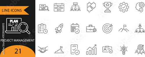 Project Management Line Icons Set for Business Planning, Task Workflow and Strategic Goals
