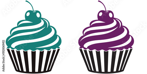 Sweet cupcake with swirl frosting and elegant floral vines vector illustration