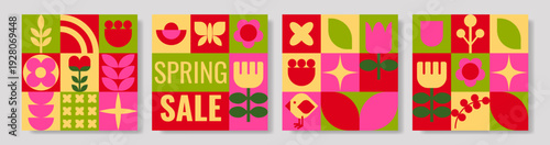 Geometric spring sale card set, decorative abstract art with flowers and leaves, vector illustration, banner, wallpaper.