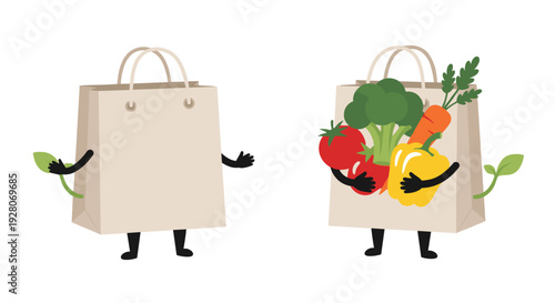Anthropomorphic Paper Shopping Bags with Produce.