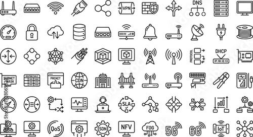 Set of 60 Network and Internet Technology Line Icons Vector