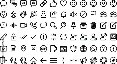 Set of 70 Black Outline Social Media and Communication Icons Vector