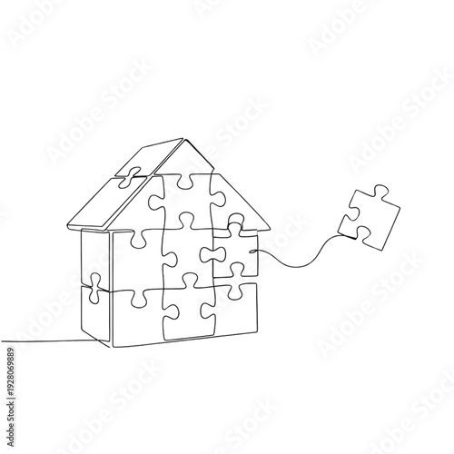 House Puzzle: Continuous Line Art, Single Stroke Drawing, Symbolizing Home Building, Real Estate, Solutions, Completeness, and Finding Your Perfect Fit.
