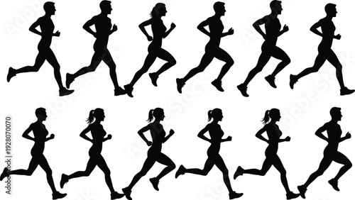 Silhouette sequence of men and women running in motion, athletic fitness training illustration isolated on white background for sport and health concept design