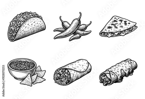 Vintage woodcut style collection of Mexican food illustrations including taco burrito quesadilla enchilada and salsa with chips