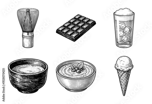 Vintage engraving style collection of matcha tea and dessert illustrations including whisk chocolate bar and ice cream