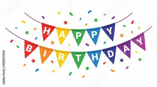 Vibrant Happy Birthday celebration with colorful flags and confetti