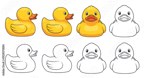Foto Yellow Rubber Ducks and Outlines: Front, Side, and Back Views