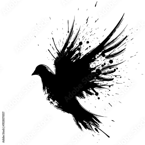 Abstract Black Ink Splatter Dove Bird Flying