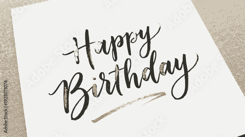 Happy birthday greeting card with elegant script and golden flourish on a textured surface viewed from above