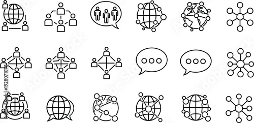 Global communication icons vector illustration, teamwork collaboration symbols, networking people around globe, digital connectivity design, international messaging concept art