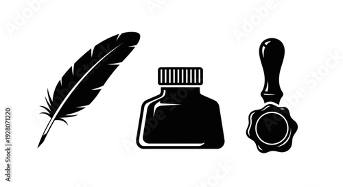 Writing Tools Quill, Inkwell, and Wax Seal Stamp
