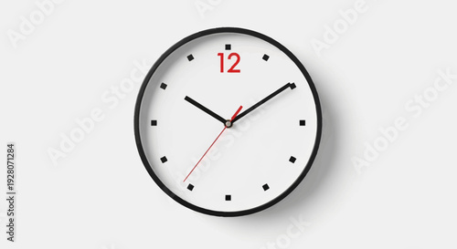 Modern wall clock with red second hand on white background.