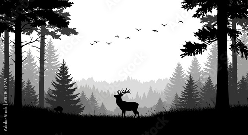 Serene black and white forest landscape with deer and birds.