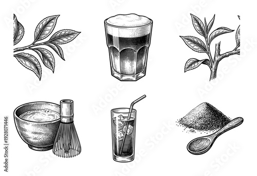 Vintage etching collection of matcha green tea elements featuring leaves, whisk, powder, and refreshing beverages in a woodcut engraving style.