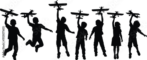 Group of children holding toy airplanes silhouette, happy kids jumping illustration isolated on white background childhood dream concept