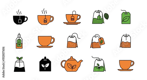 Tea and coffee icons set in various styles and colors.