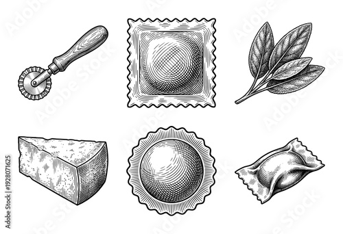 Vintage style engraving of italian pasta collection featuring ravioli, agnolotti, parmigiano cheese, sage leaves, and a fluted pastry cutter tool.
