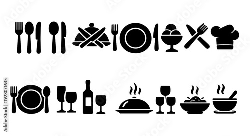 Restaurant and food service icons set with coffee, chef hat, utensils, burger, microwave, delivery box, and kitchen symbols, black silhouette vector collection isolated background 