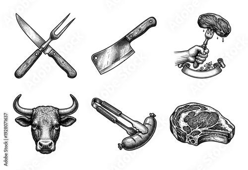 Vintage woodcut style butcher shop collection featuring bull head, cleaver, ribeye steak, and grilled sausage with kitchen utensils.