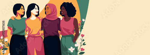 International Women's Day, March 8, Equality Day. Smiling women of different nationalities, cultures stand together, hugging. Unity, equality, empowerment. Vector banner for posters, social media