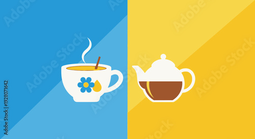 Simple illustration of a tea cup and teapot on a split background.