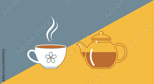 A steaming cup of tea and a teapot on a divided background.