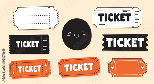 Collection of assorted ticket designs and a smiley face icon.