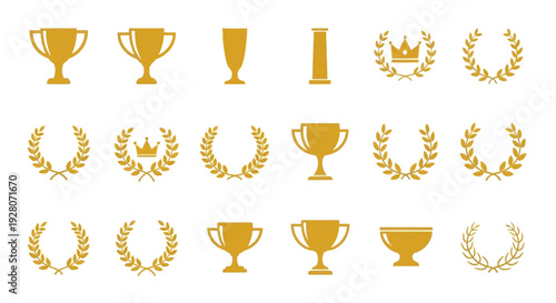 Collection of Golden Trophies and Laurel Wreaths Symbols.