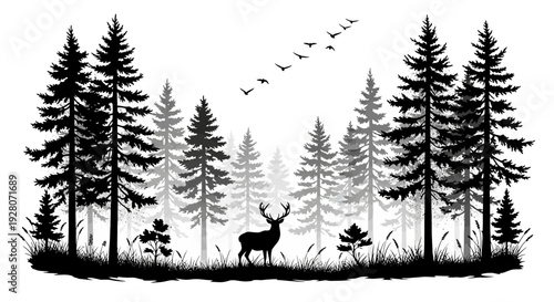 Serene forest landscape with deer and birds in monochrome illustration.