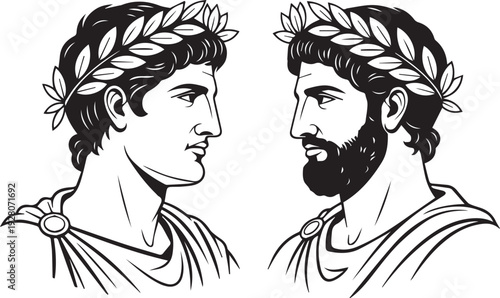 Ancient Greek Men Profile Portraits. Classical historical male figures facing each other wearing laurel wreaths and traditional togas. Roman antiquity line art drawing for classic mythology design