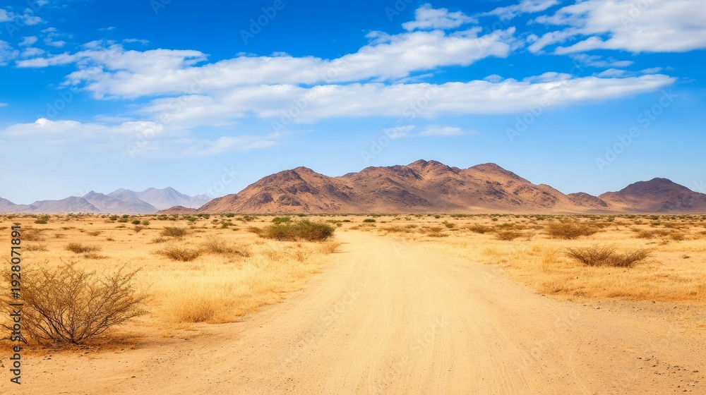 Fototapeta premium A dirt road leads through a serene desert landscape, framed by distant mountains and a blue sky