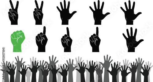 Hand gestures vector silhouette collection, counting fingers with fist and peace sign, crowd of raised hands isolated on white background, SEO