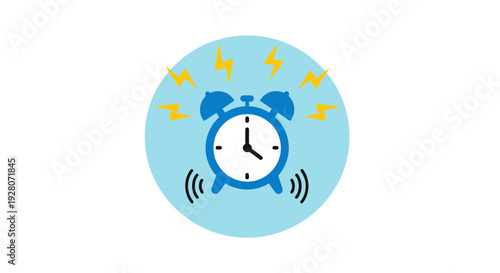 Blue alarm clock ringing with yellow lightning bolts.