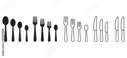 Minimalist black and white vector illustration of cutlery icons arranged in a clean horizontal layout on a light gray background