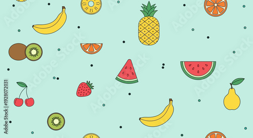 Colorful seamless pattern of various fruits on a light blue background.