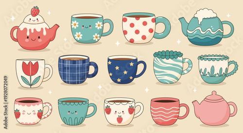 Assorted Cartoon Teacups and Teapots with Various Designs.