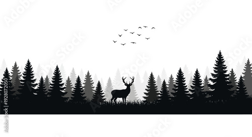 A majestic deer standing among silhouetted trees with birds flying above.