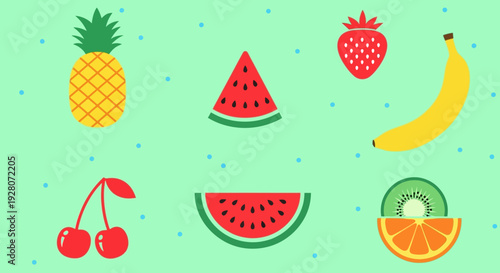 Colorful illustration of various fresh fruits on a green background.